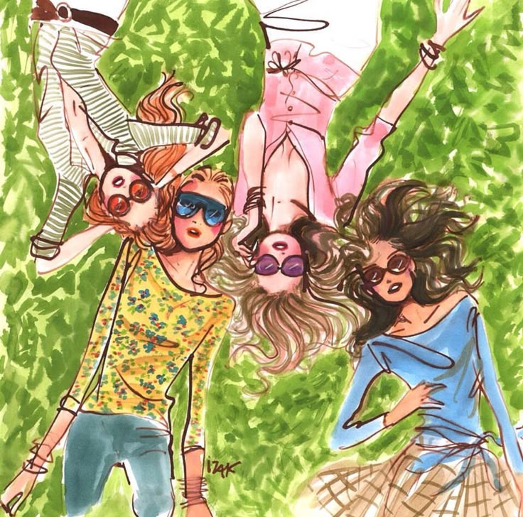 Illustration of four women lying on grass in colorful outfits and sunglasses