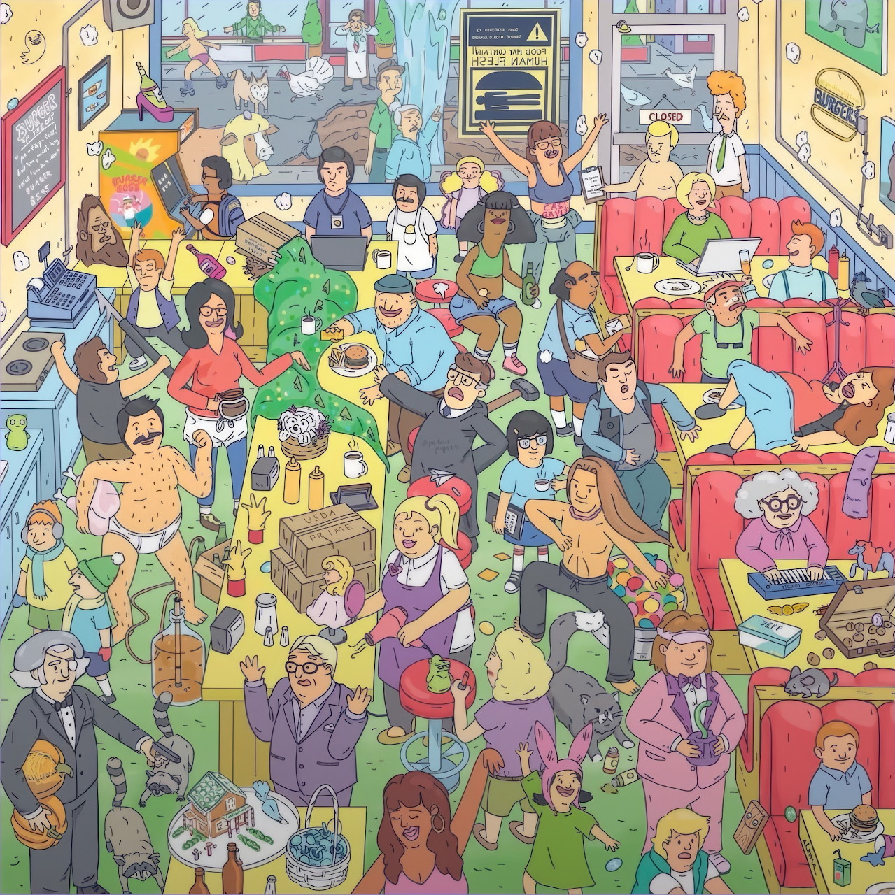 Crowded cartoon burger restaurant with many colorful characters sitting at tables and standing throughout the room