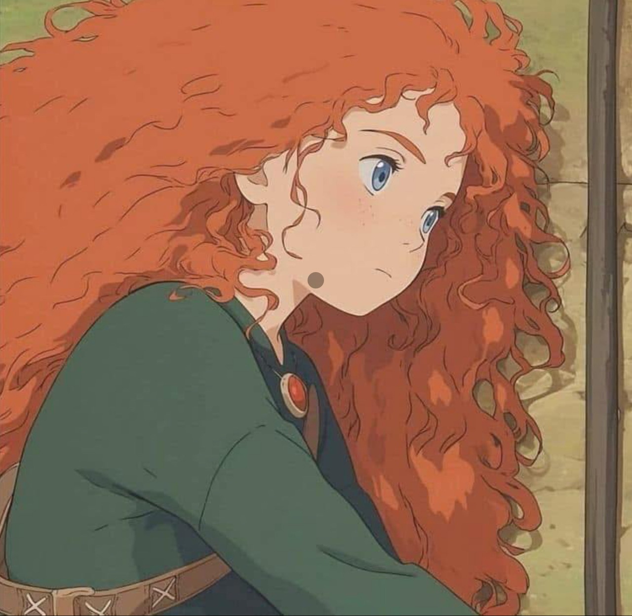 Animated close-up portrait of Merida with curly red hair and a green dress