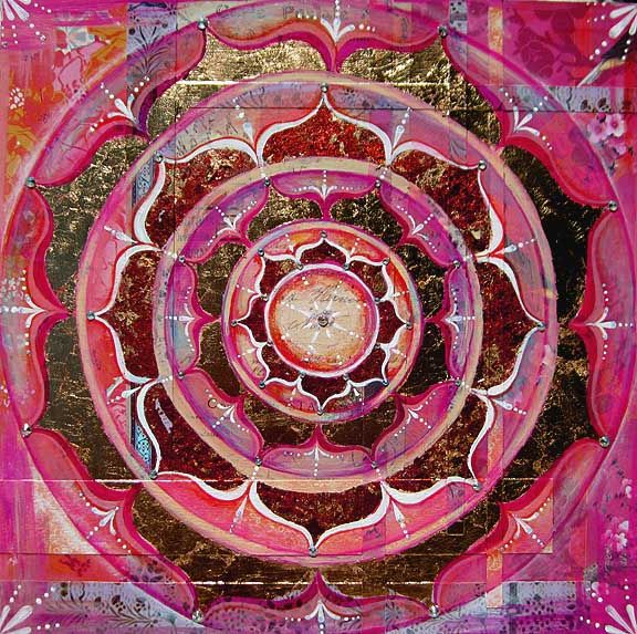Pink and gold mandala with layered circular patterns and ornate petal shapes radiating from center