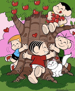 Cartoon children hugging an apple tree with red apples and a white cat sitting nearby on green grass
