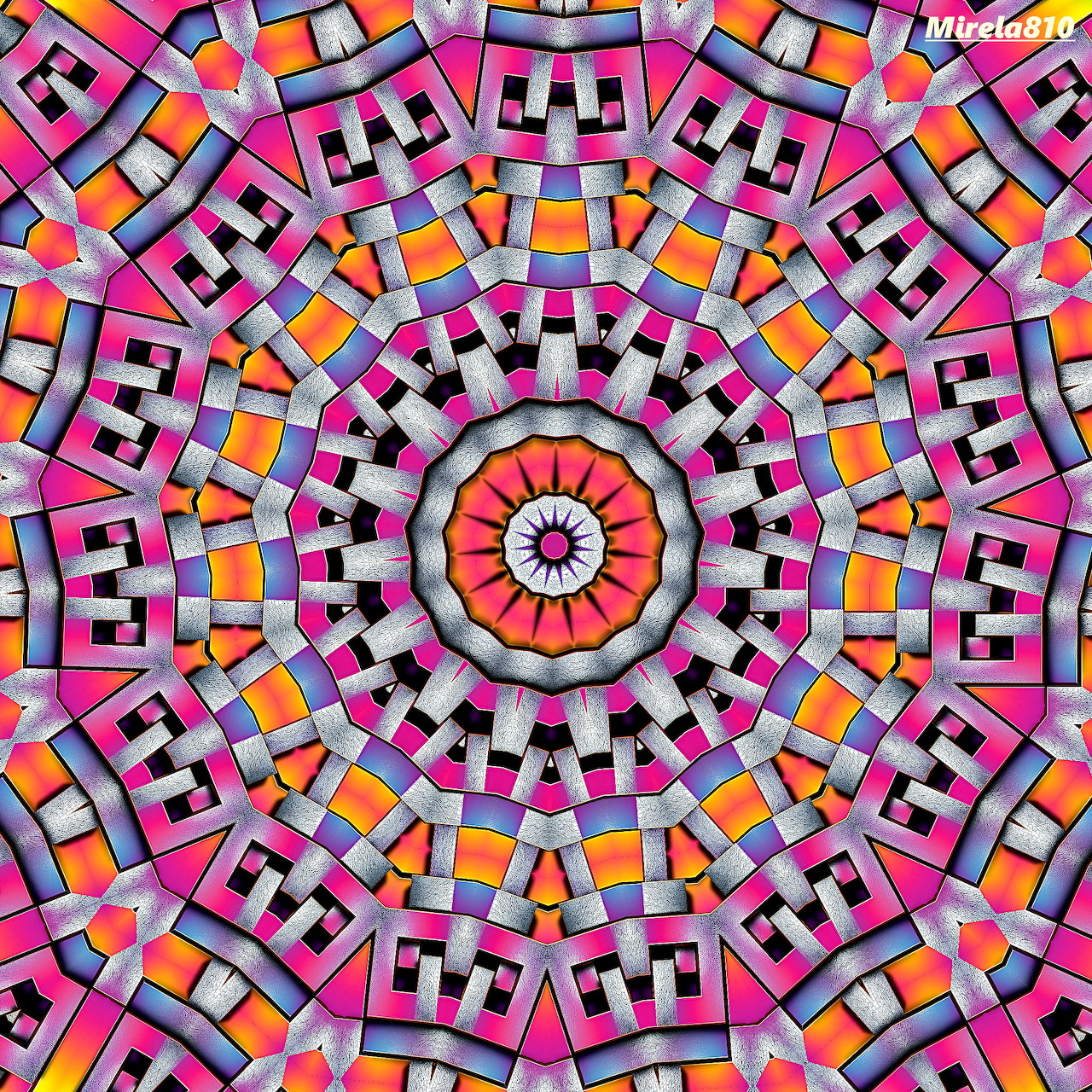 Colorful geometric mandala with concentric circles of pink, orange, yellow and purple patterns