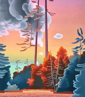 Stylized forest painting with tall trees and colorful sunset sky