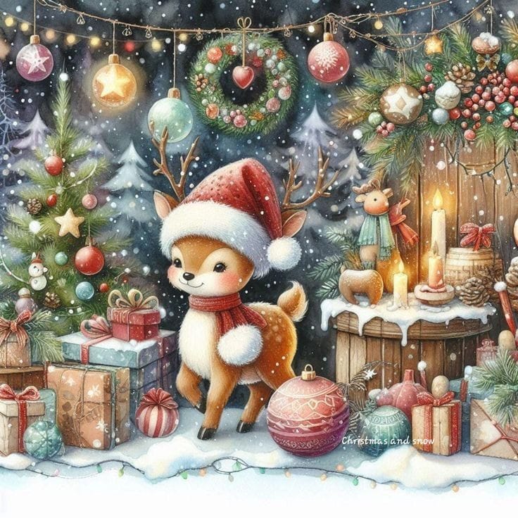 Cute deer in a snowy Christmas scene with presents, ornaments, candles, and evergreen decorations