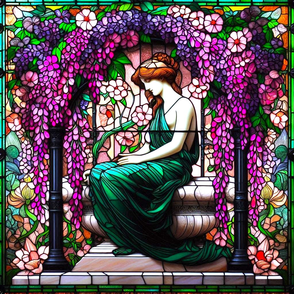Stained glass artwork of woman in green dress beneath purple wisteria flower arch with ornate floral border