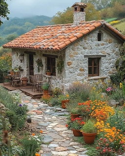 Stone cottage with red tile roof and colorful flower garden along cobblestone path