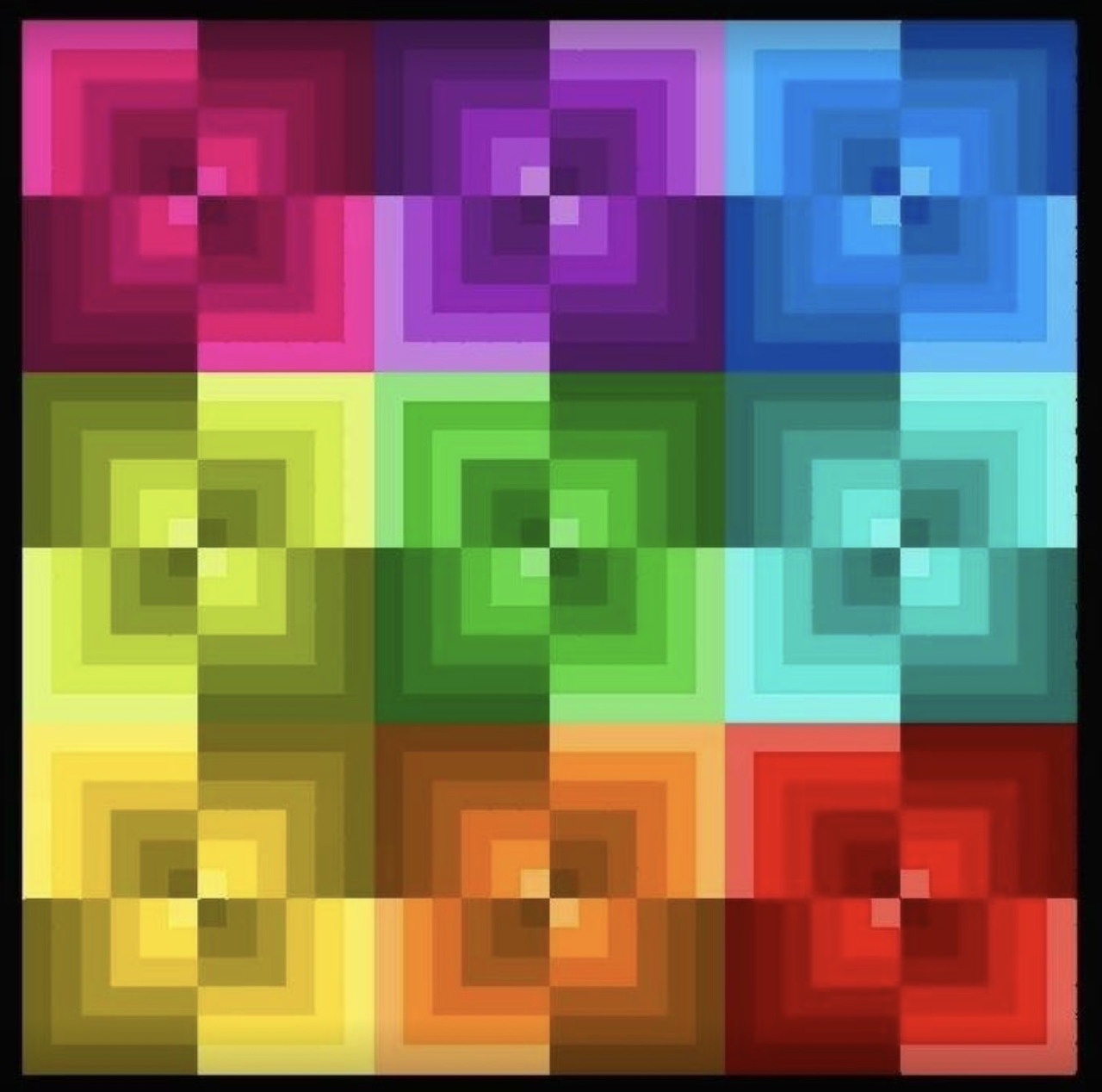 Grid of rainbow colored pixelated concentric squares creating an abstract geometric pattern