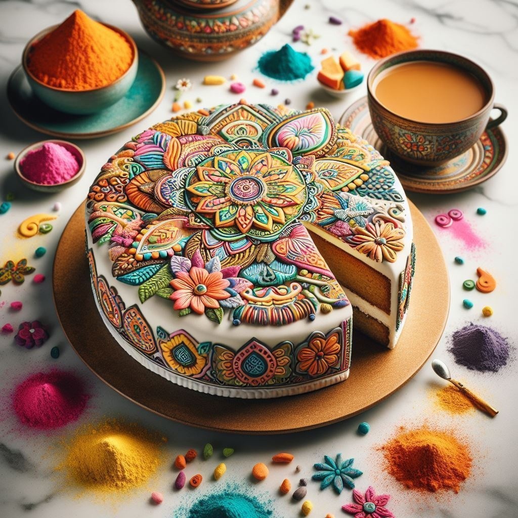 Round cake decorated with intricate mandala designs in bright colors, surrounded by colorful spice powders and tea cups