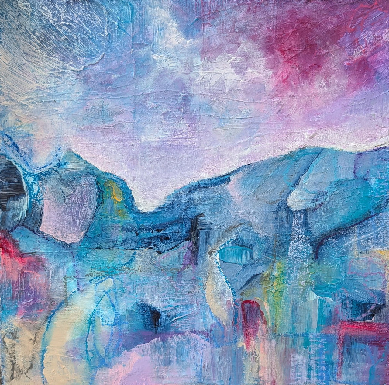 Abstract painting with blue and purple textured shapes resembling a soft landscape