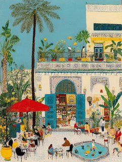 Colorful illustration of people dining at a courtyard café with blue arched building, palm trees, and red umbrella