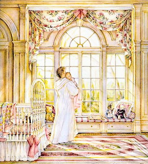 Painting of a mother holding a baby by a large arched window in a sunny nursery