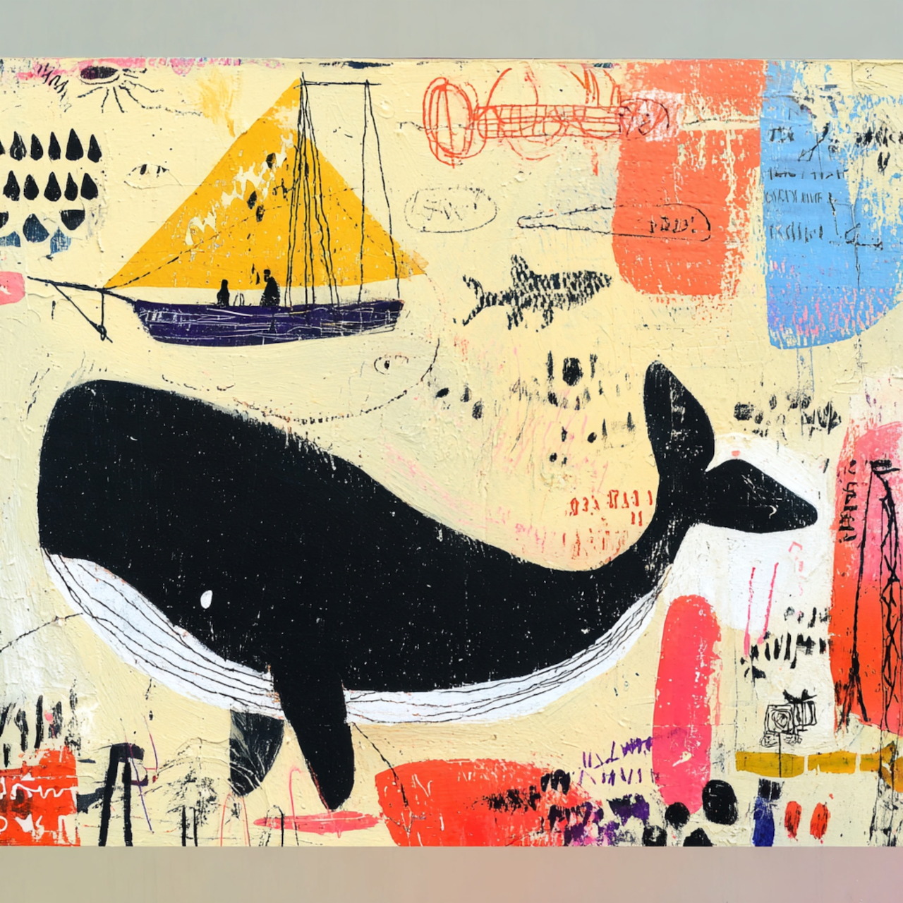Abstract painting of a black whale with a small sailboat and colorful marks