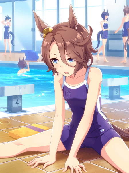 Anime horse girl with brown hair and ears sitting poolside in a navy swimsuit