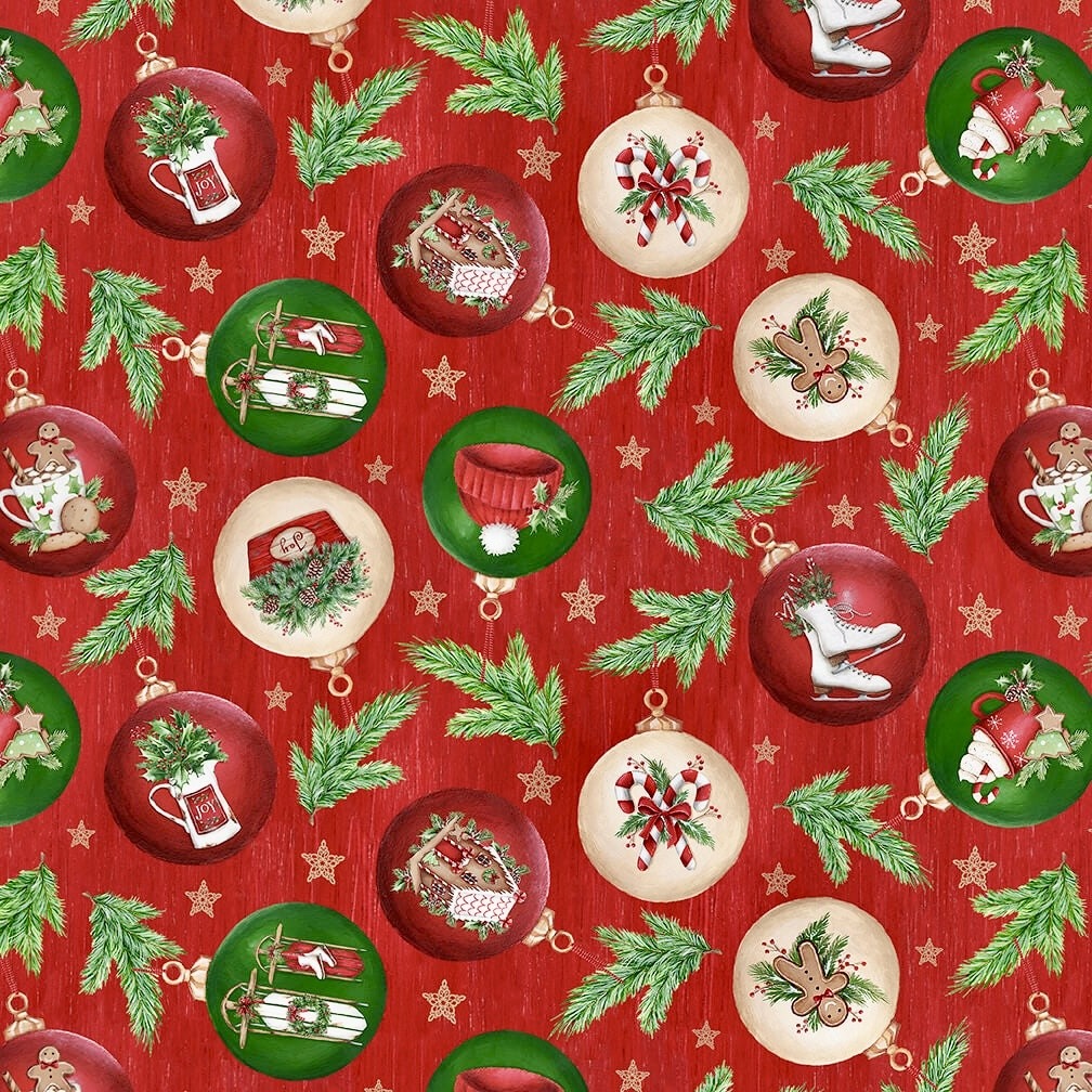 Red background with Christmas ornaments, pine branches, snowmen and holiday decorations in circular frames