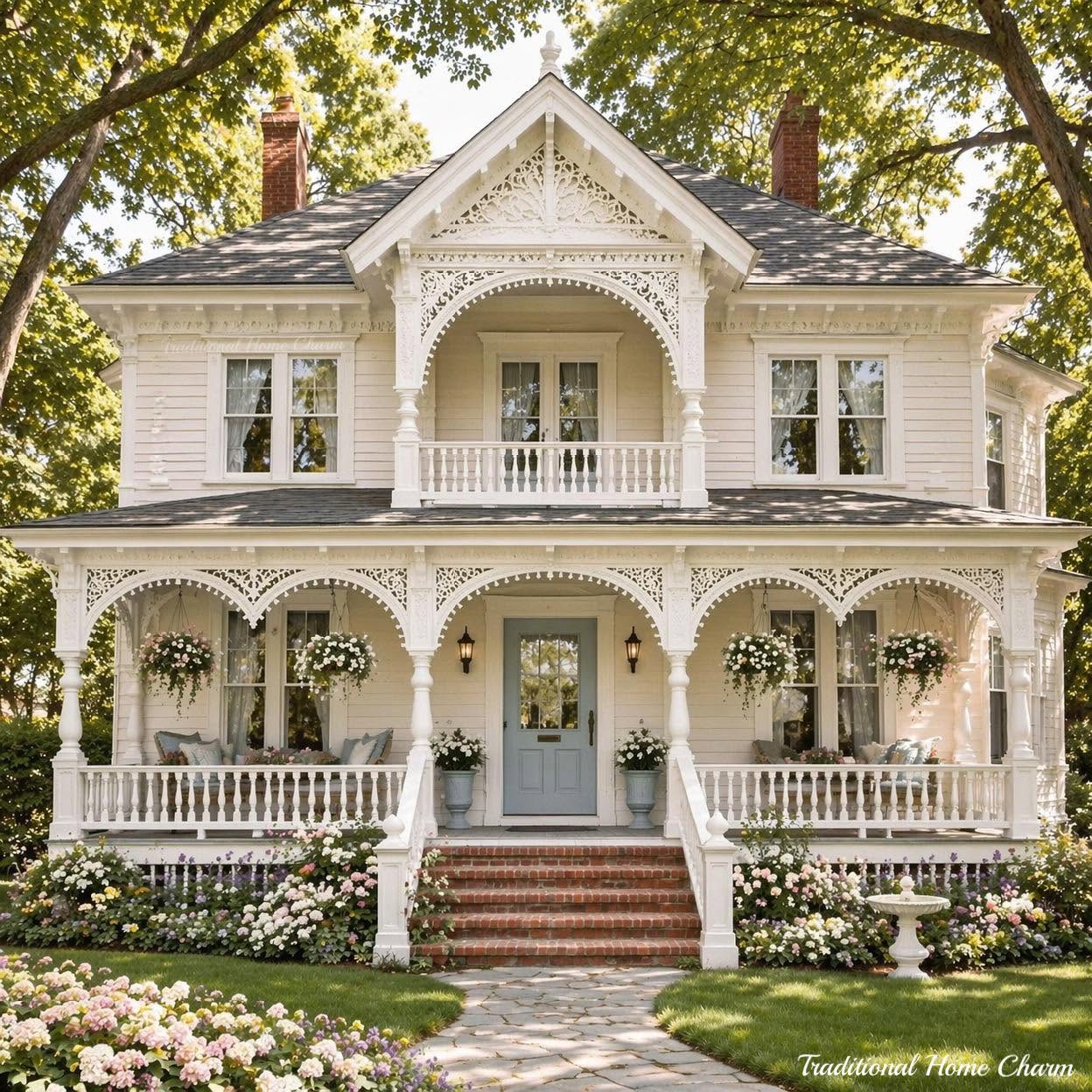 Large Victorian-style mansion with decorative trim and gabled roof in a garden setting
