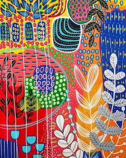 Abstract illustration of colorful stylized plants and flowers with geometric patterns in red, blue, orange, and green