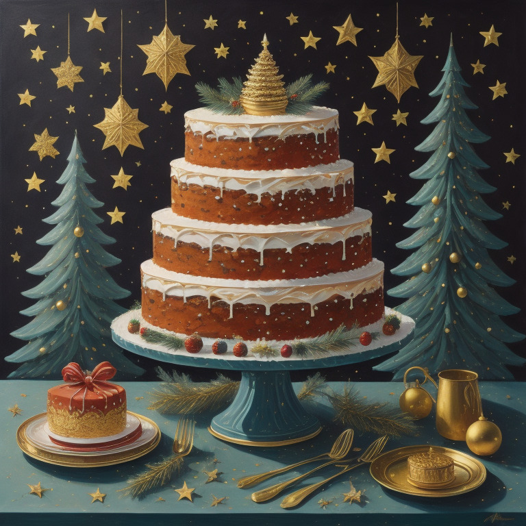 Festive painted layer cake on a stand with Christmas trees, stars, ornaments, and a gift