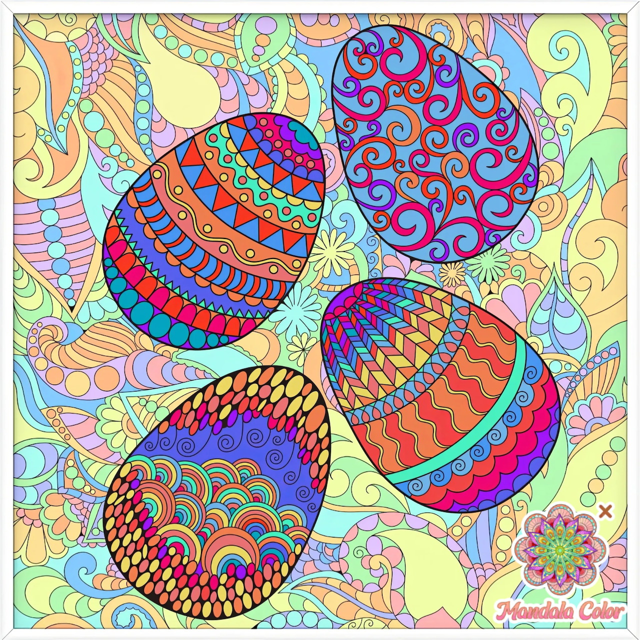 Five colorful pysanky eggs with detailed patterns arranged in a circle on ornamental background