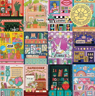 Grid of 12 colorful illustrated panels showing zodiac signs with themed symbols and objects in flat design style