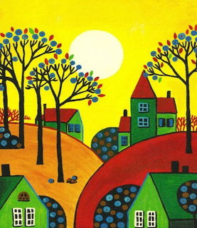 Naive folk art painting showing colorful houses on rolling hills under trees with a yellow sky and white sun