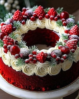 Christmas wreath cake with red velvet layers, white frosting rosettes, raspberries, cranberries, and frosted pine decoration