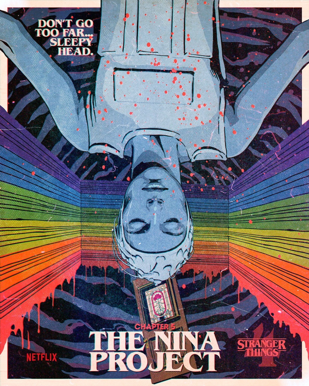 Illustrated poster with inverted face, rainbow rays, and vintage TV frames in retro sci-fi style