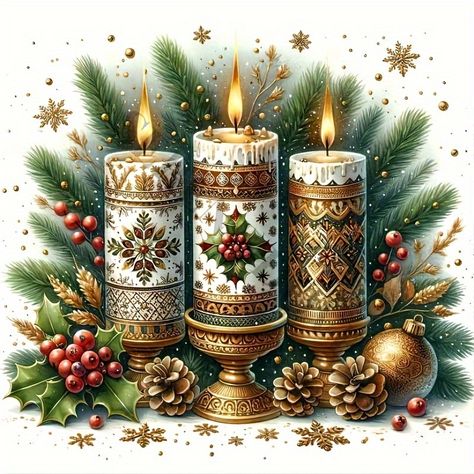 Three decorated Christmas candles with holly and pine branches, berries, pinecones, and gold snowflakes