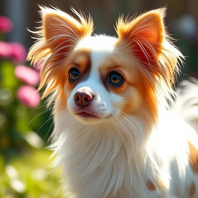 Orange and white Papillon dog with large upright ears looking at camera in garden setting