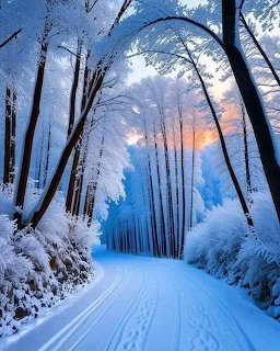 Snowy forest path at twilight with frosted trees arching overhead and colorful sky