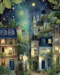 Painting of quaint village houses at night beneath a glowing starry sky