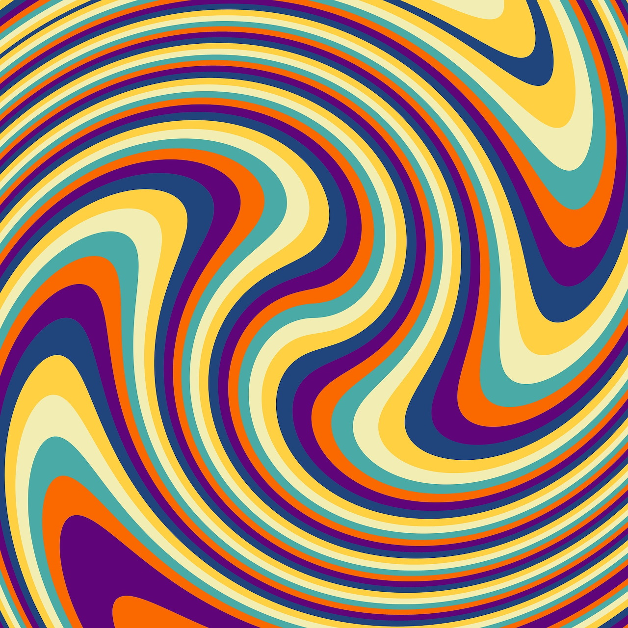 Abstract colorful swirl pattern with wavy curved bands in yellow, blue, orange, cream, and purple