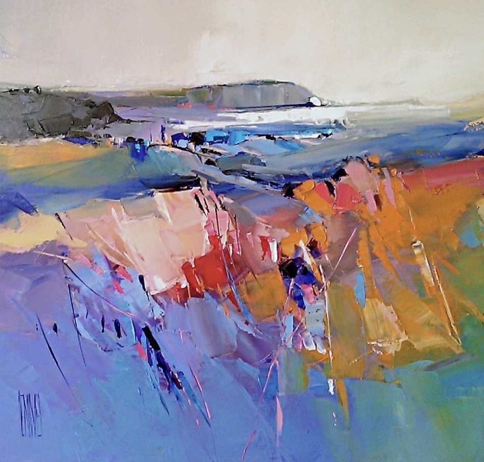 Abstract coastal seascape painting with blue water, pale sky, and colorful brushstrokes