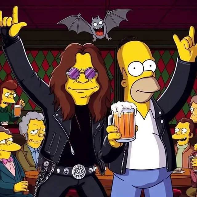 Homer Simpson and Ozzy Osbourne raising arms at concert with cheering crowd