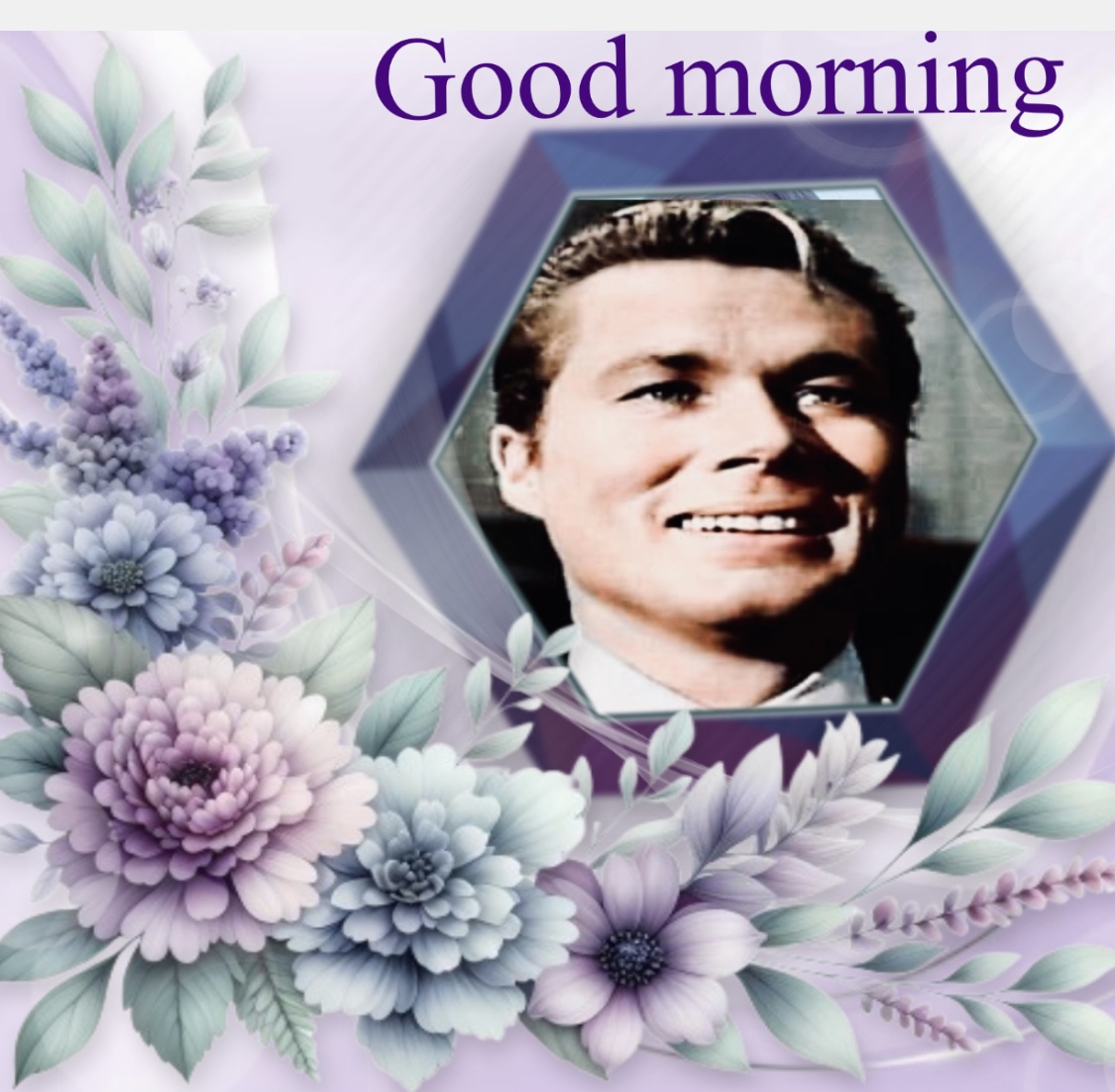 Smiling man's portrait in hexagonal frame with purple and white flowers and good morning text