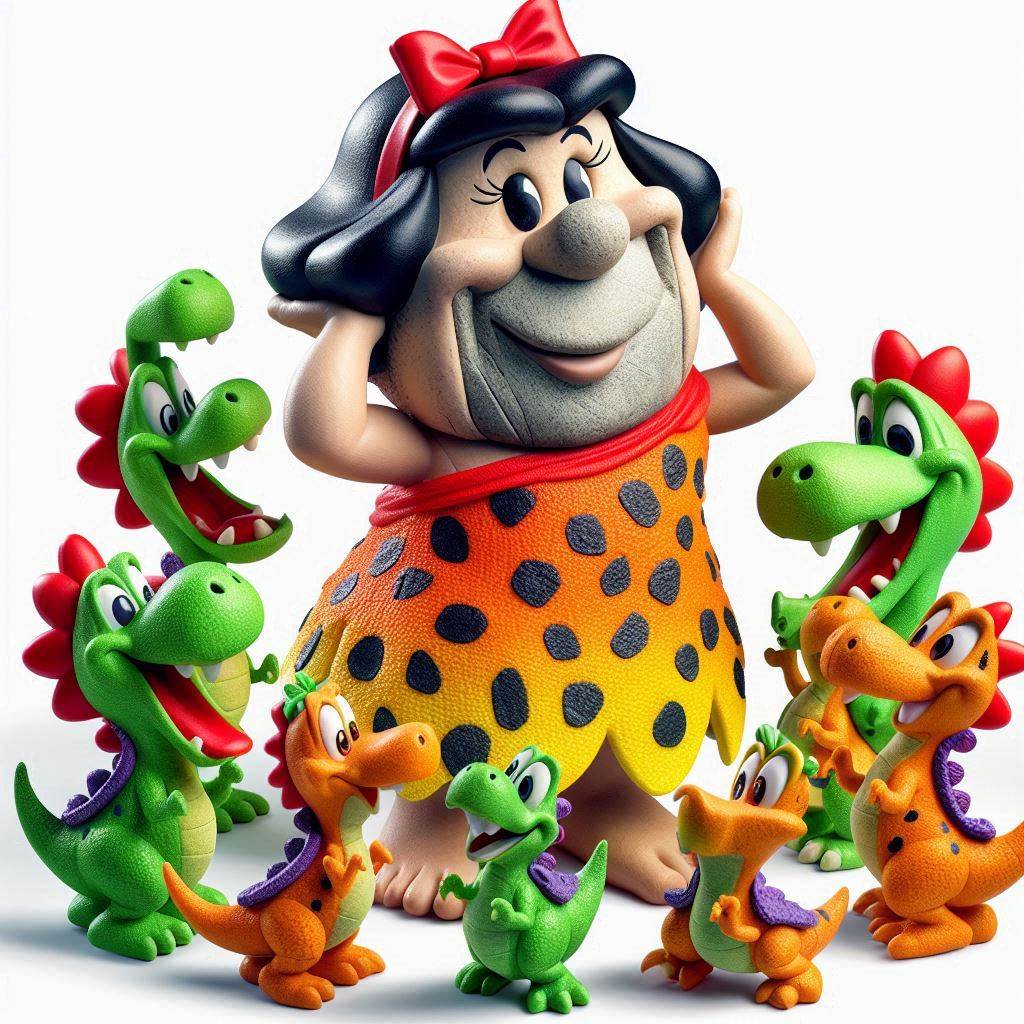 Smiling cartoon woman in yellow spotted dress with red bow, flanked by green and orange toy dinosaurs