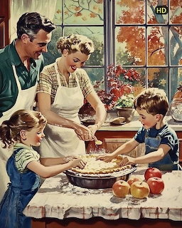 Retro illustration of parents and children baking apple pie together at kitchen table with fall foliage in background