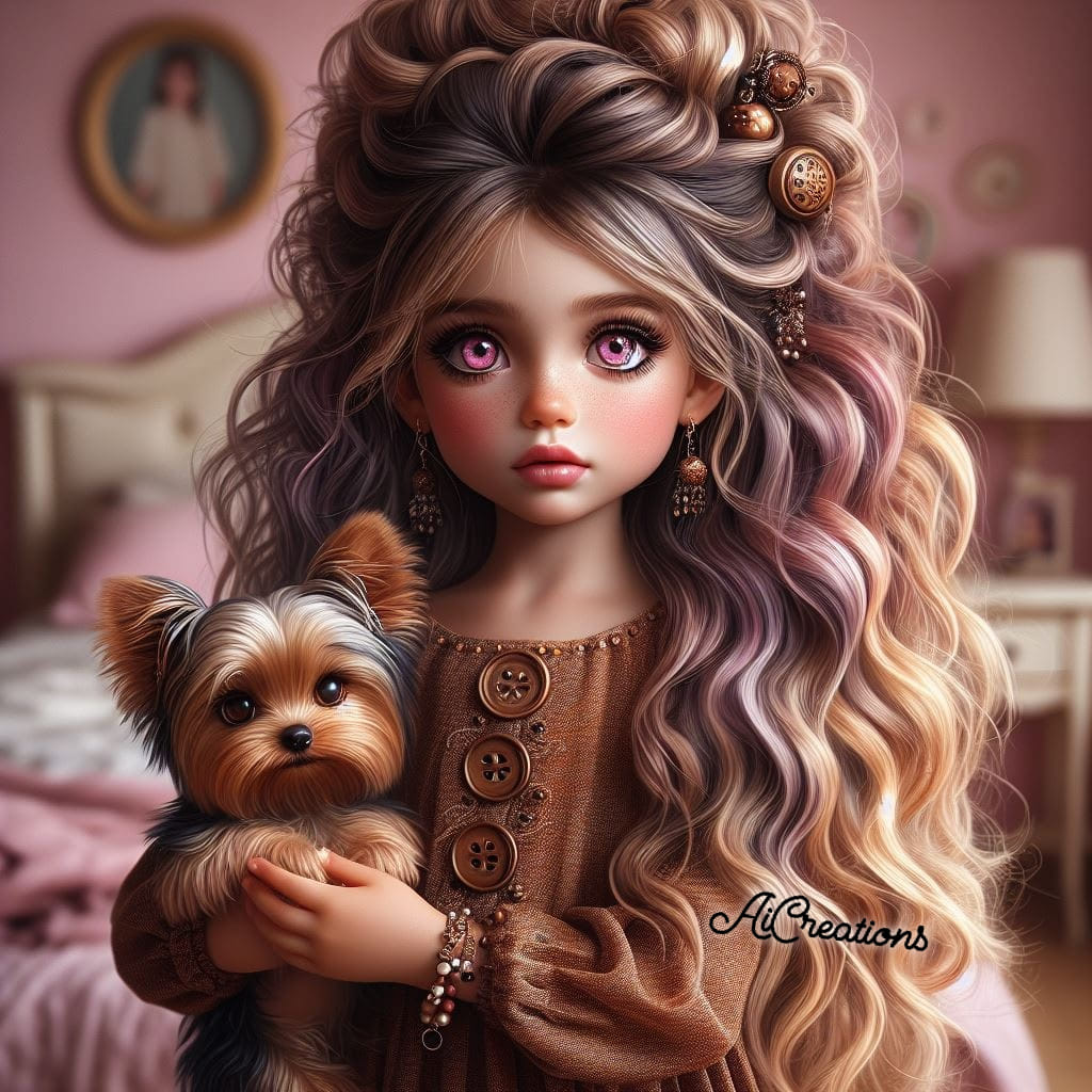 Illustrated doll-like girl with long wavy hair holding a small dog in a pink bedroom