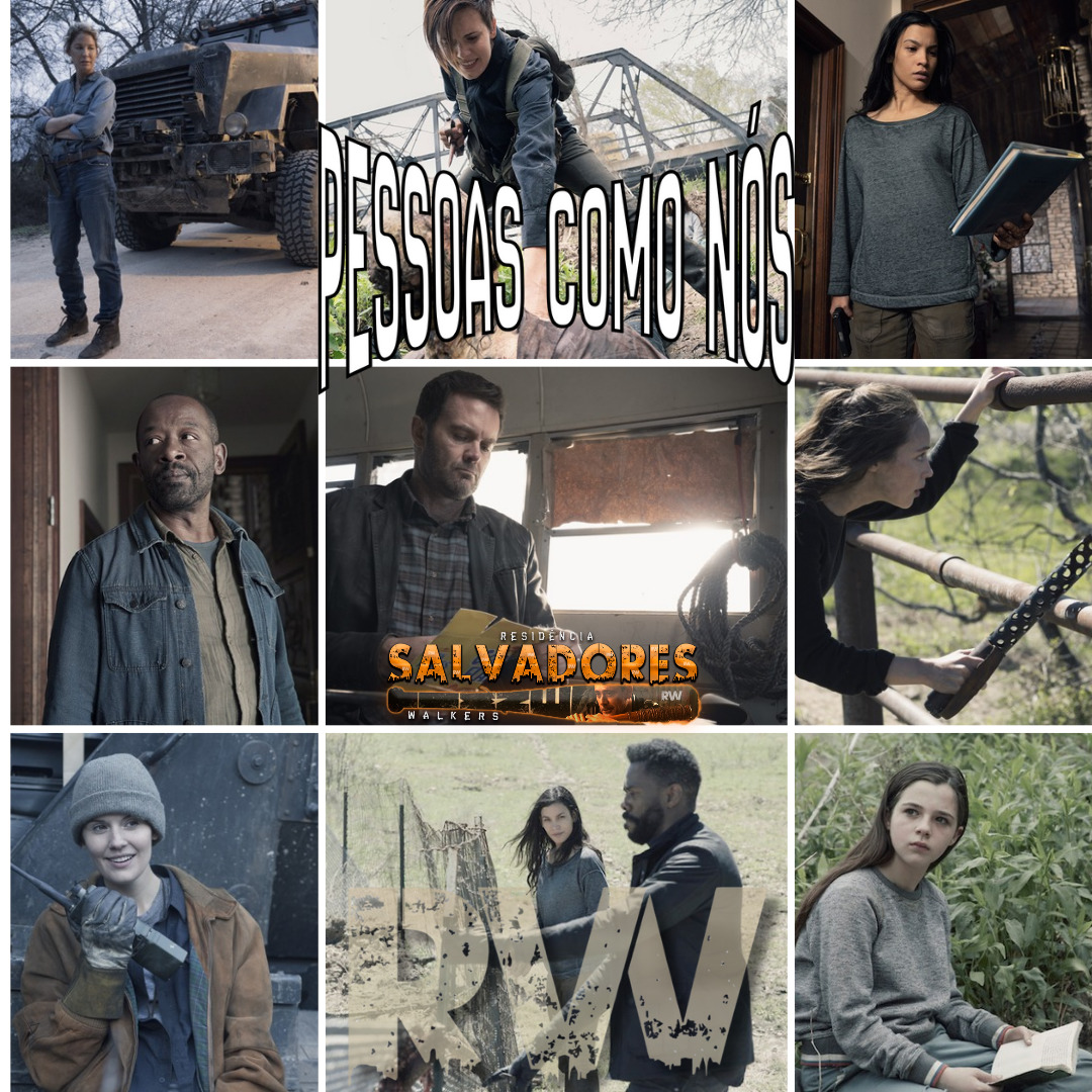 Square collage of dramatic character stills with TWD text and Portuguese captions