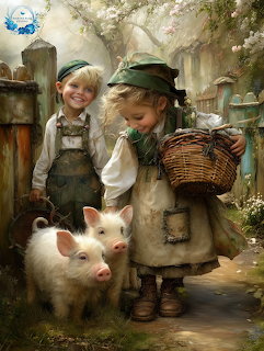 Painting of two children in rustic clothes with two piglets on a country path