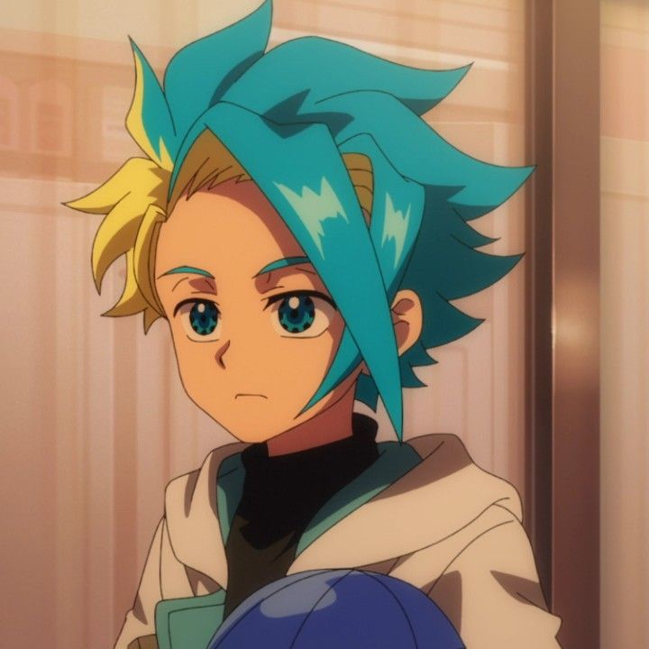Anime character with turquoise spiky hair and yellow streaks wearing white outfit