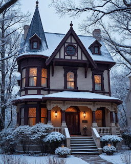 Victorian house with glowing windows in snowy twilight setting with bare trees