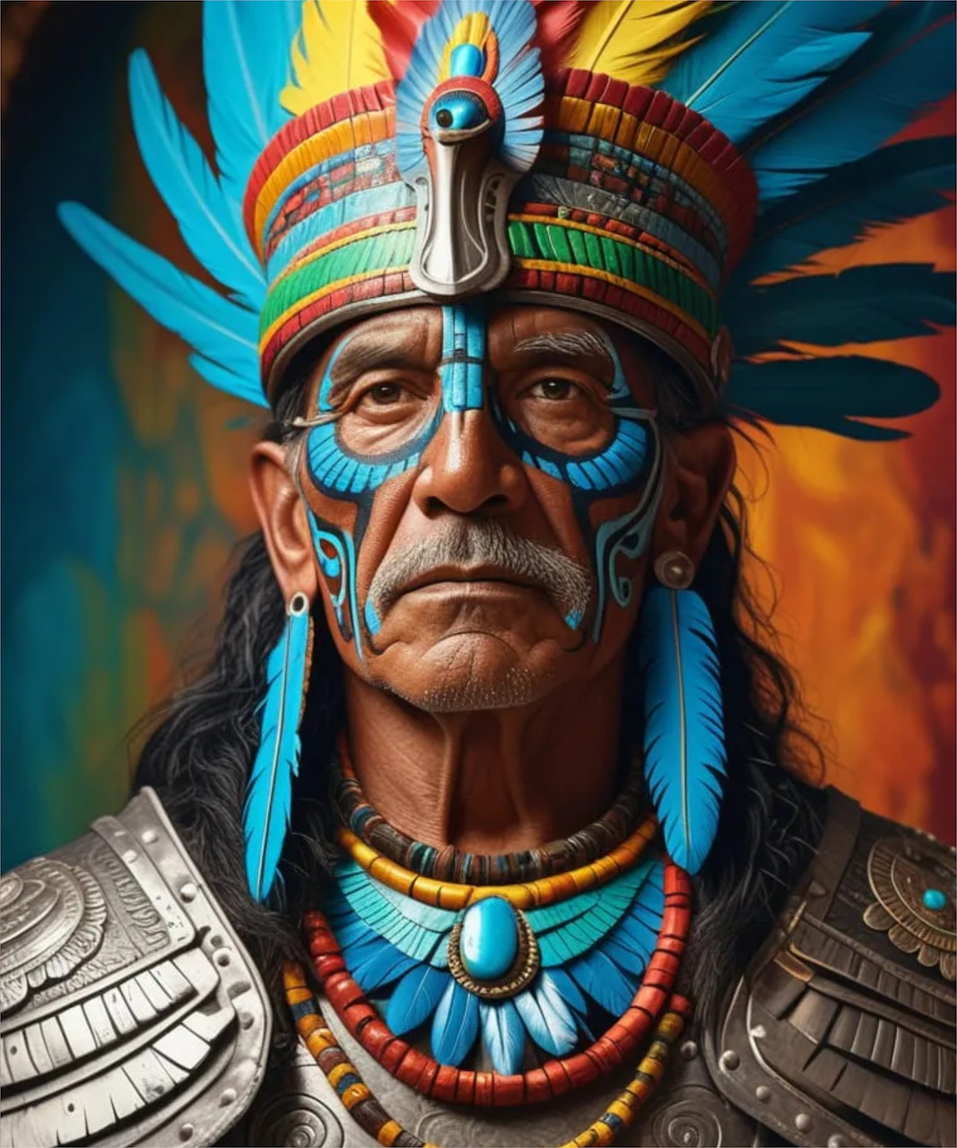 Portrait of Native American elder in traditional feathered headdress with turquoise and orange decorative elements