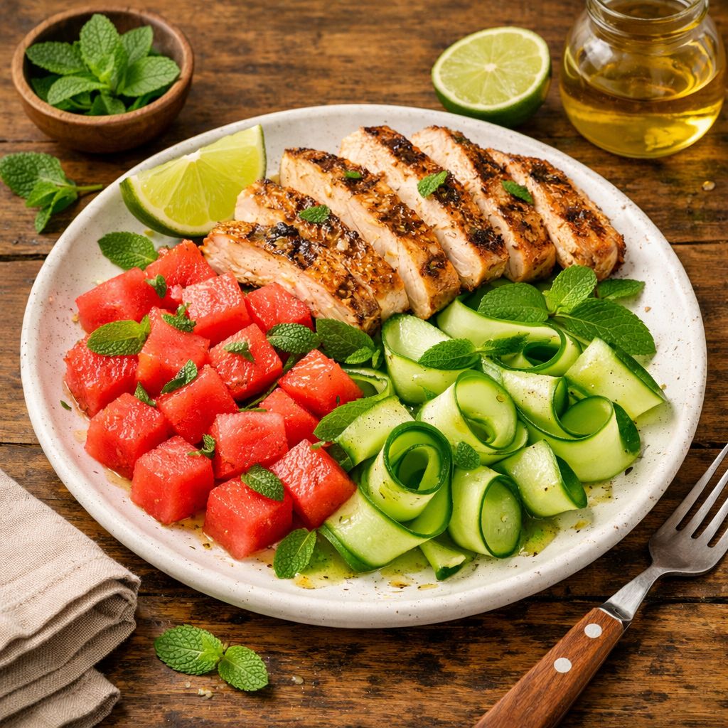 Grilled chicken breast sliced over fresh watermelon, cucumber ribbons, and greens with lime and herbs