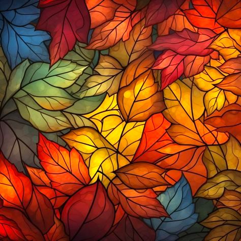 Stained-glass style artwork of overlapping fall leaves in vivid red, orange, yellow, green and blue.