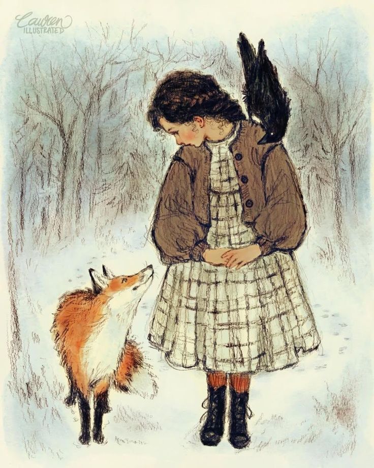 Illustration of girl in winter coat with fox and raven in snowy forest