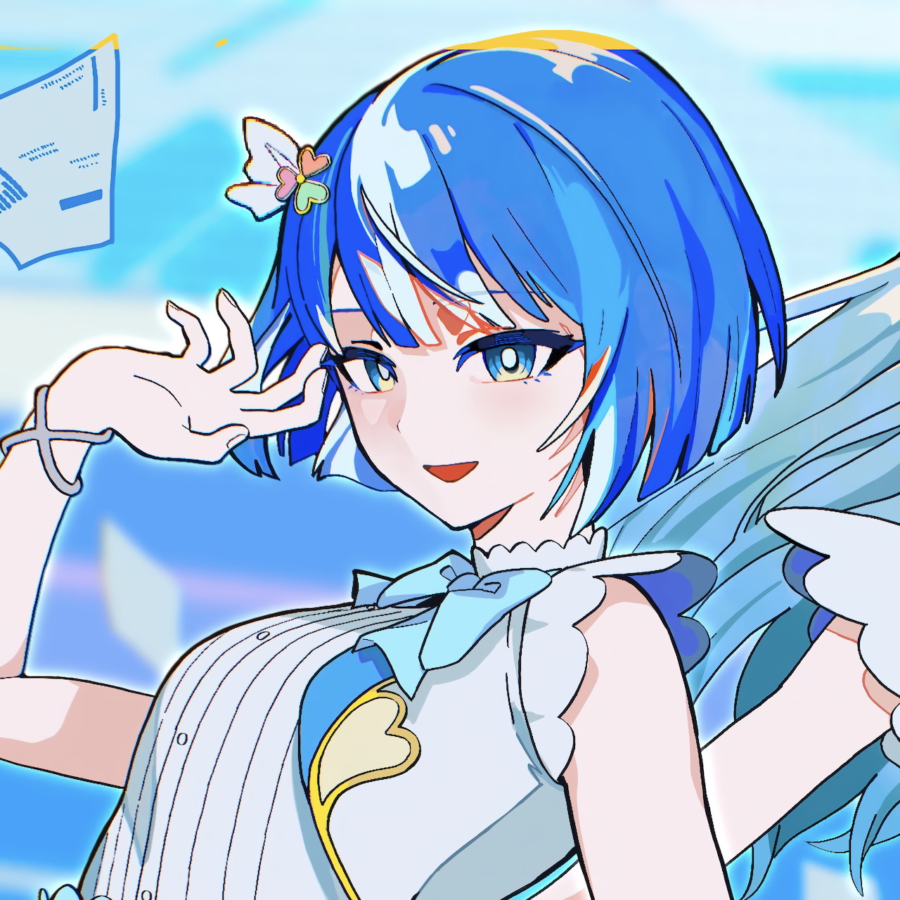 Anime girl with blue hair and angel wings in white and blue idol outfit smiling cheerfully