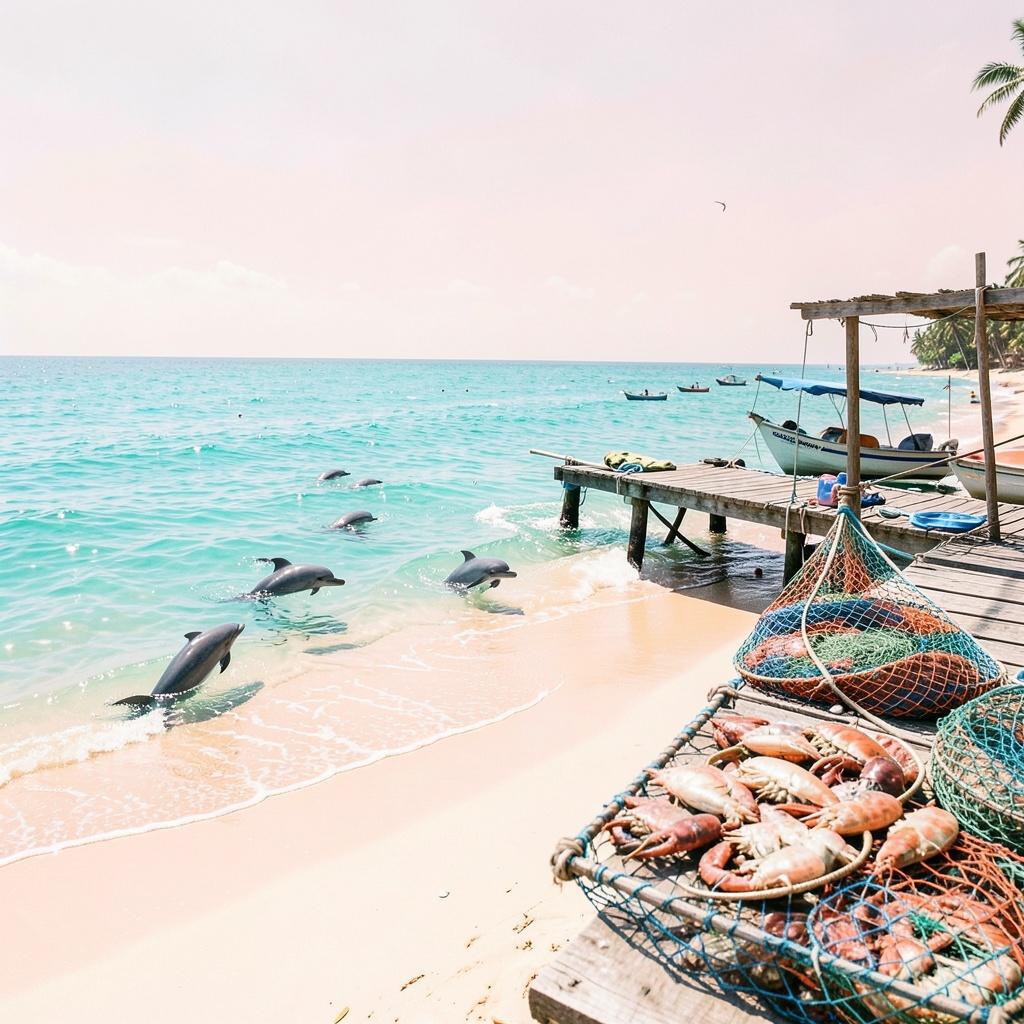 Several stingrays swimming in shallow turquoise water near a wooden dock with fishing traps on beach