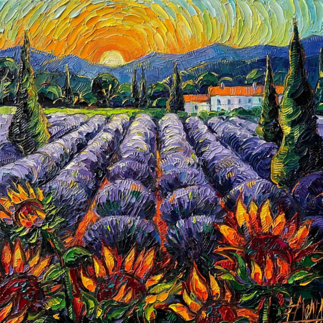 Impressionist painting of purple lavender rows with orange sunset, cypress trees and sunflowers in Provence countryside