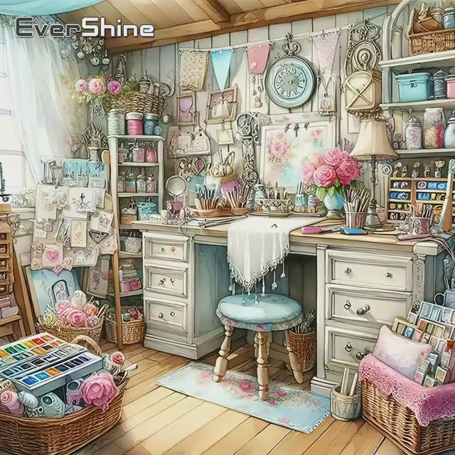 Cozy shabby chic craft room with a desk, shelves, flowers, baskets, and pastel decorations
