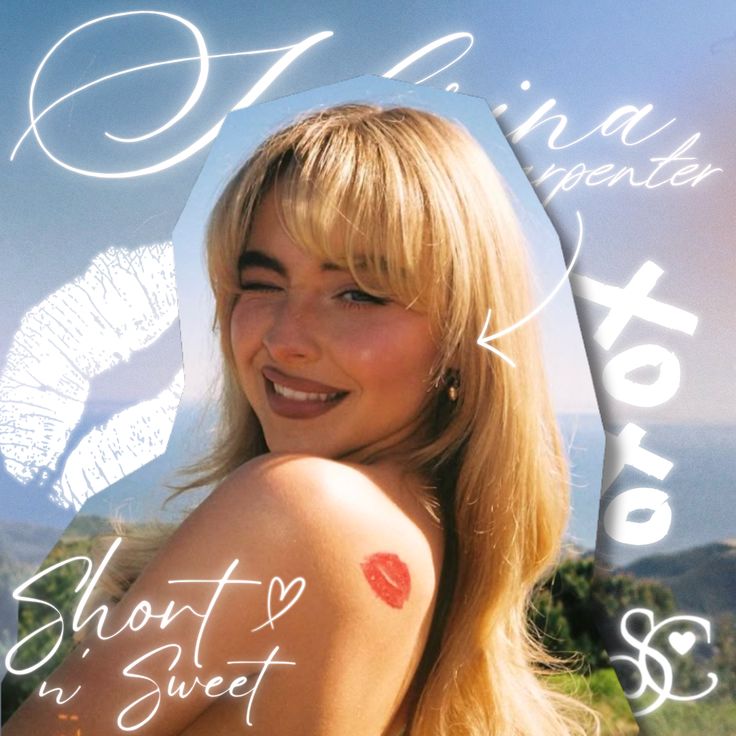Smiling blonde woman with white handwritten text and kiss mark graphics on a blue background